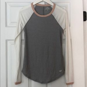 Grey, white, and pink Hollister Long Sleeve Shirt